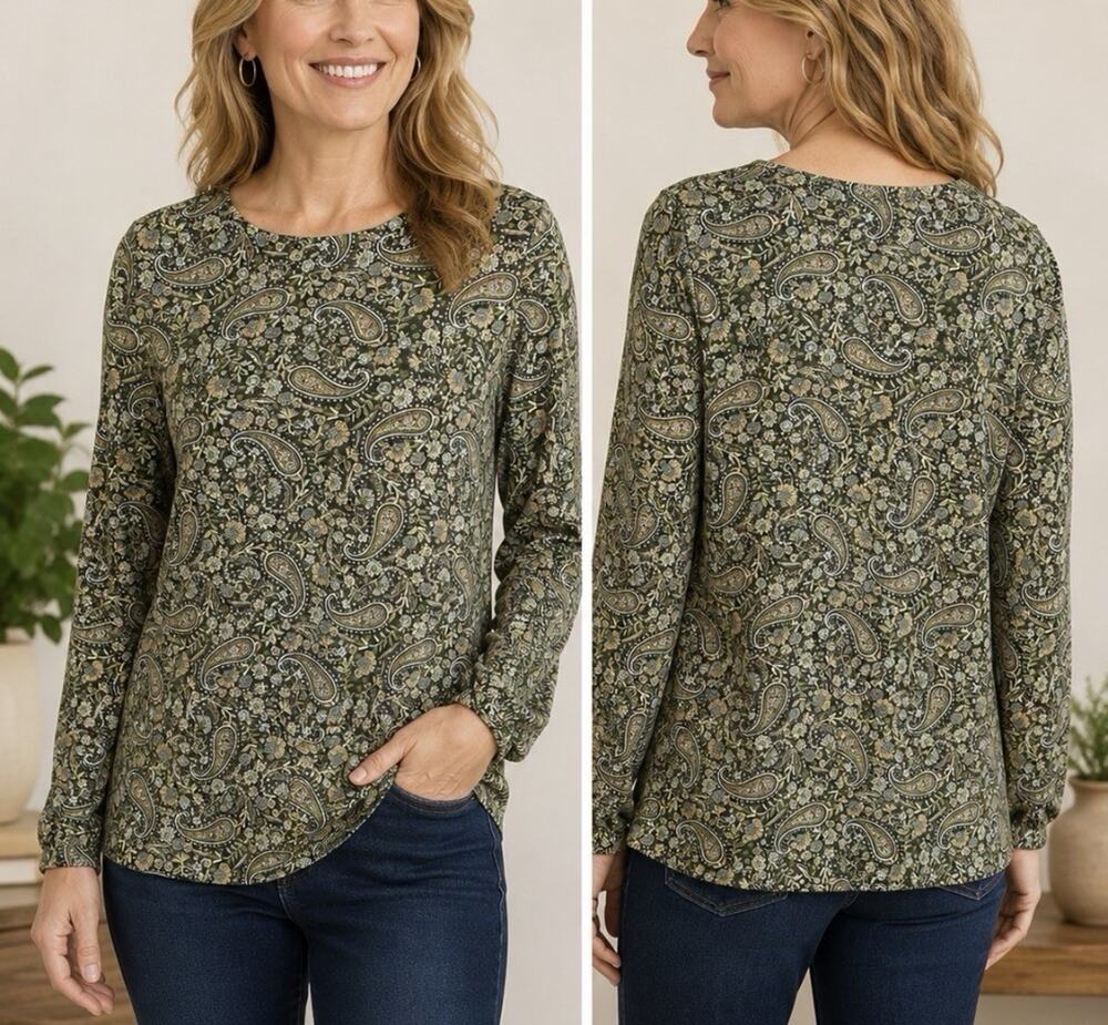 J Jill Stretch Knit Top Womens Size M Green Paisley Pullover Button Cuff LS